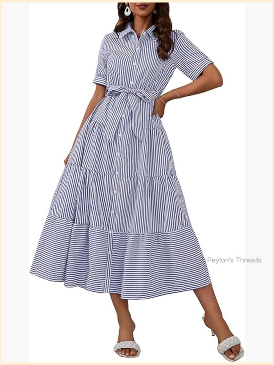 Dresses & Skirts - Women's Boho Striped Cotton Shirt Dress Button Down Flowy Maxi with Pockets